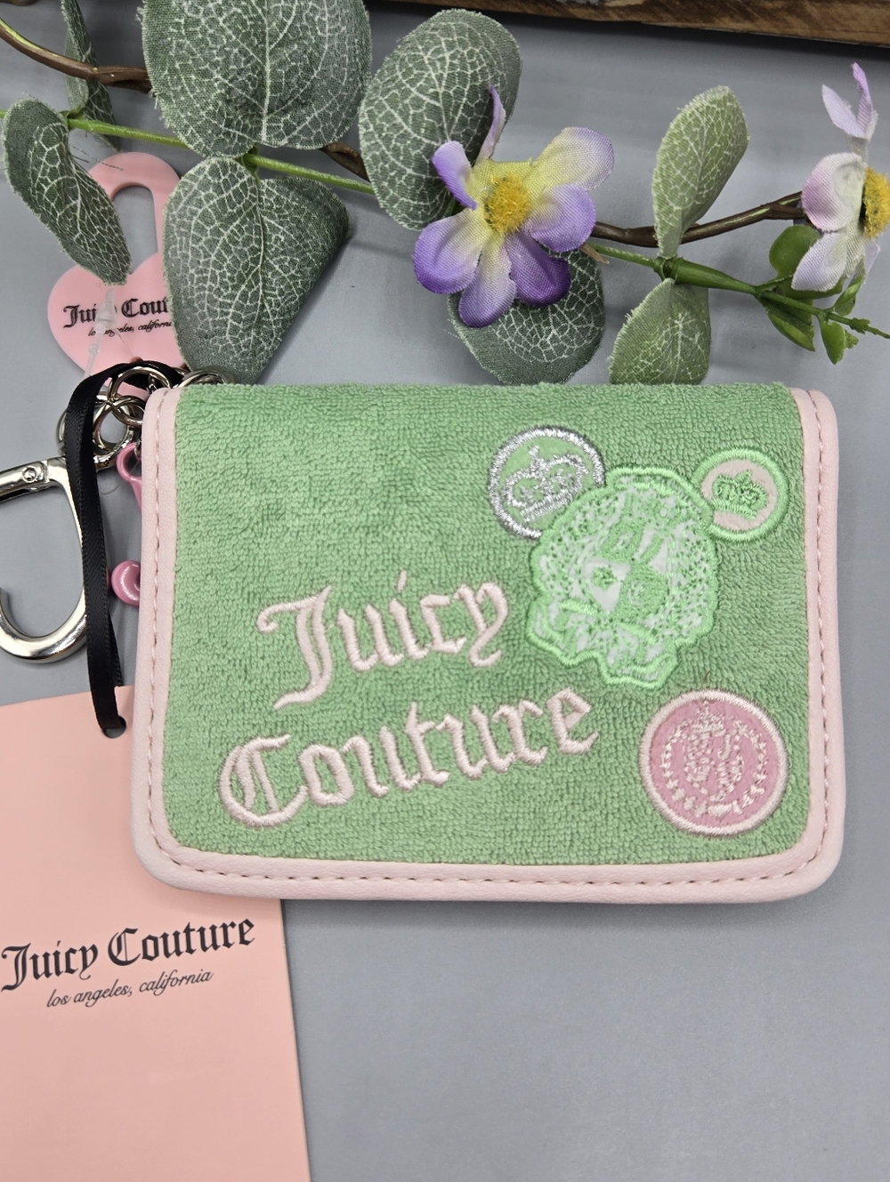 Juicy Couture Mint Green Terry Cloth Wallet with Pale Pink Trim